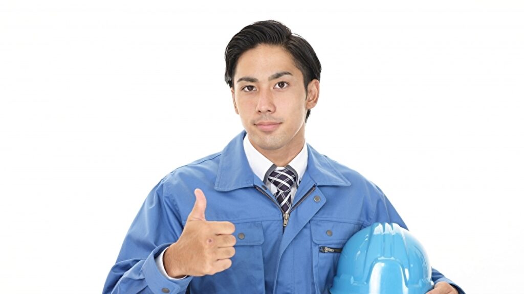青い作業着でヘルメットを持ちオッケーサインを出す男性