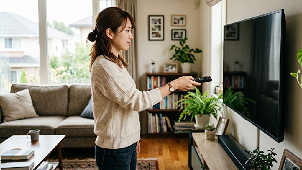 テレビの電源をoffにする女性