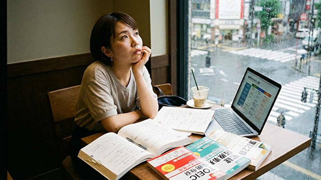 雨の中、カフェで資格試験の参考書を読みながら外を眺める女性