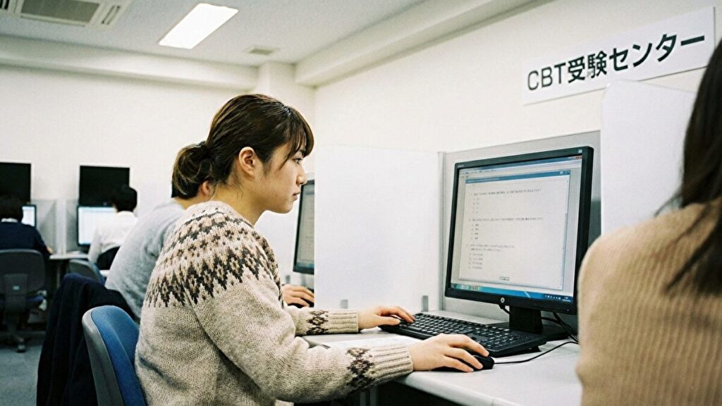 パソコンを前にして試験問題を解く女性