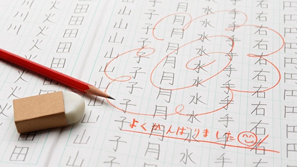 漢字の練習帳の上に置かれた鉛筆と消しゴム