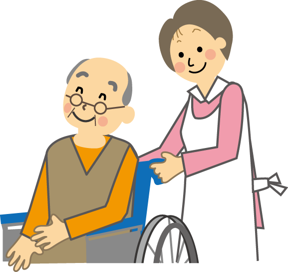 お年寄りが乗った車椅子を押す介護士