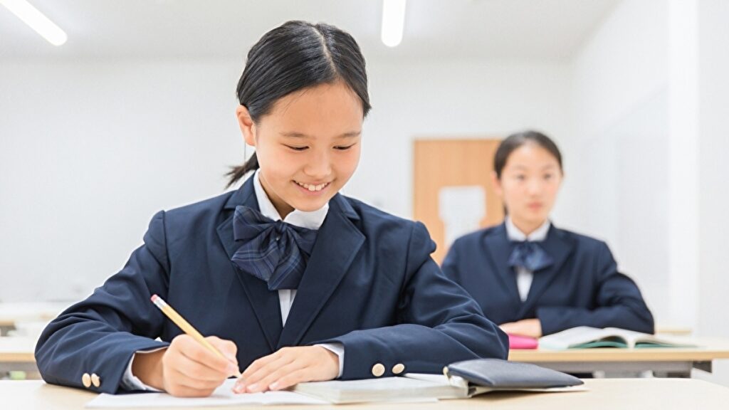 漢字の書き取りをする女子中学生