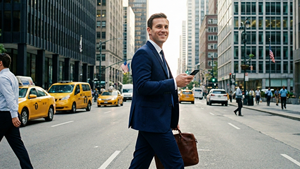 オフィス街を歩く白人男性