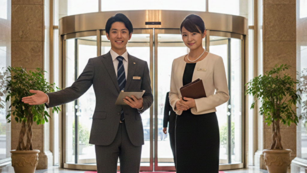ホテルのエントランスに立ち接客する若い男女