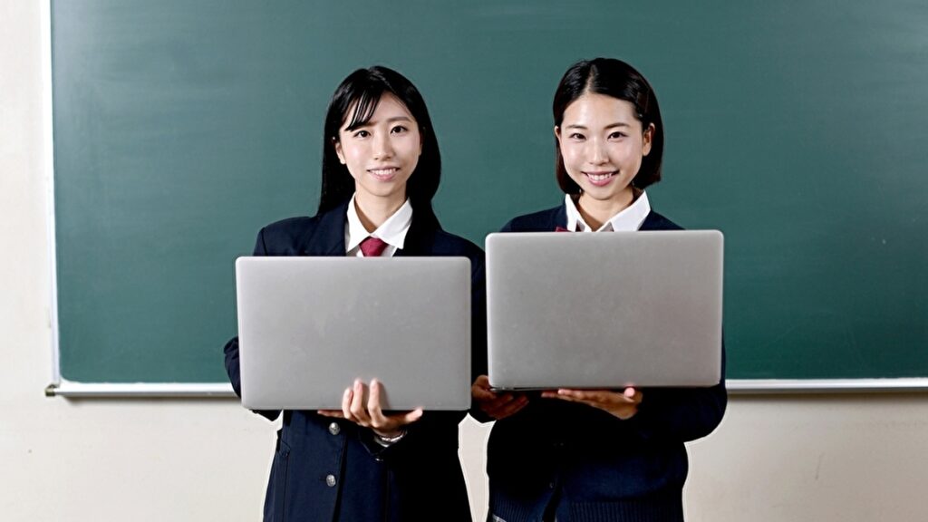 ノートパソコンを持って黒板の前に立つ2人の女学生