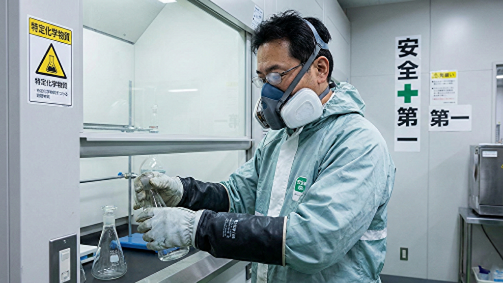 ガスマスクをして化学物質を扱う男性