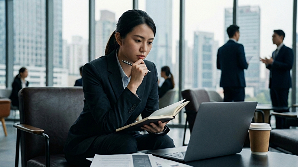 黒いスーツを着てパソコンの画面を見ながら考える女性