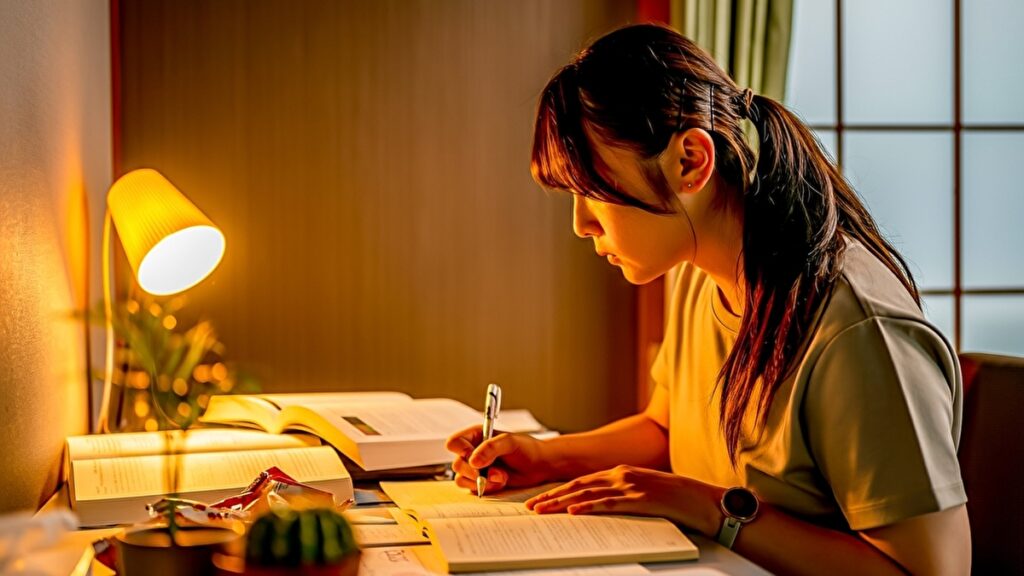 深夜に勉強を続ける女性