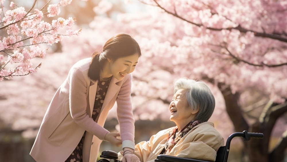 満開の桜の下で高齢者を介助する女性