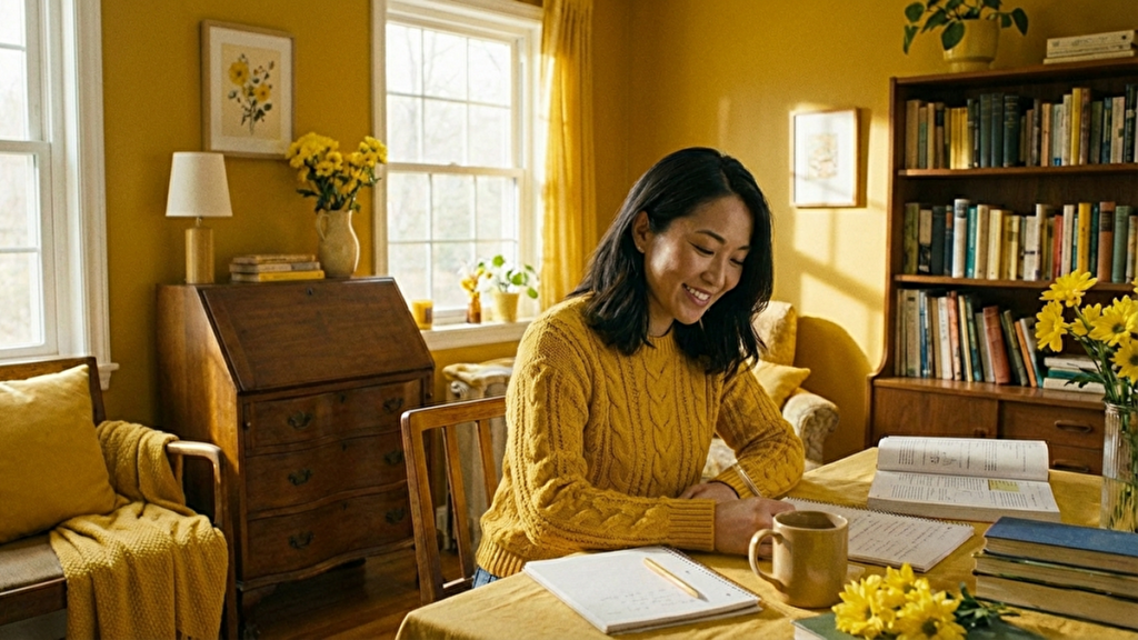 黄色い部屋で勉強する女性