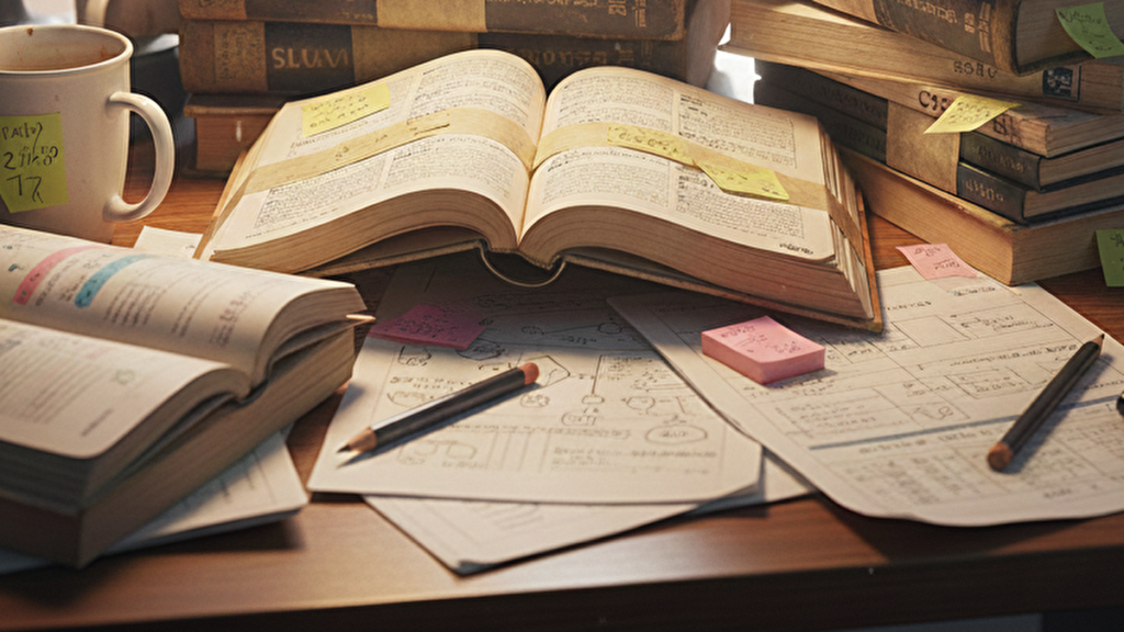 机の上に広がった参考書とペン