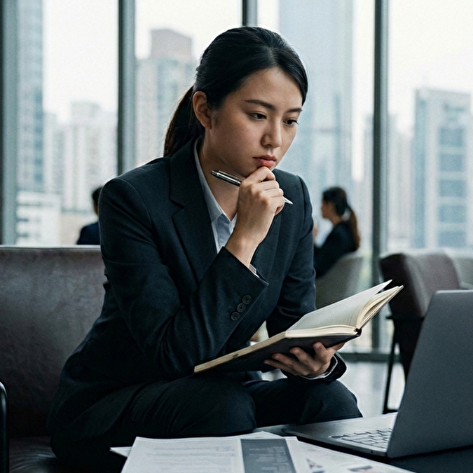 手帳を見ながら考えるスーツを着た女性